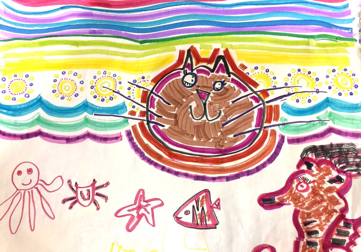 ColorWriteDraw's tweet image. Do cats dream about ocean life? My niece thinks so. #Surreal #coloring #drawing