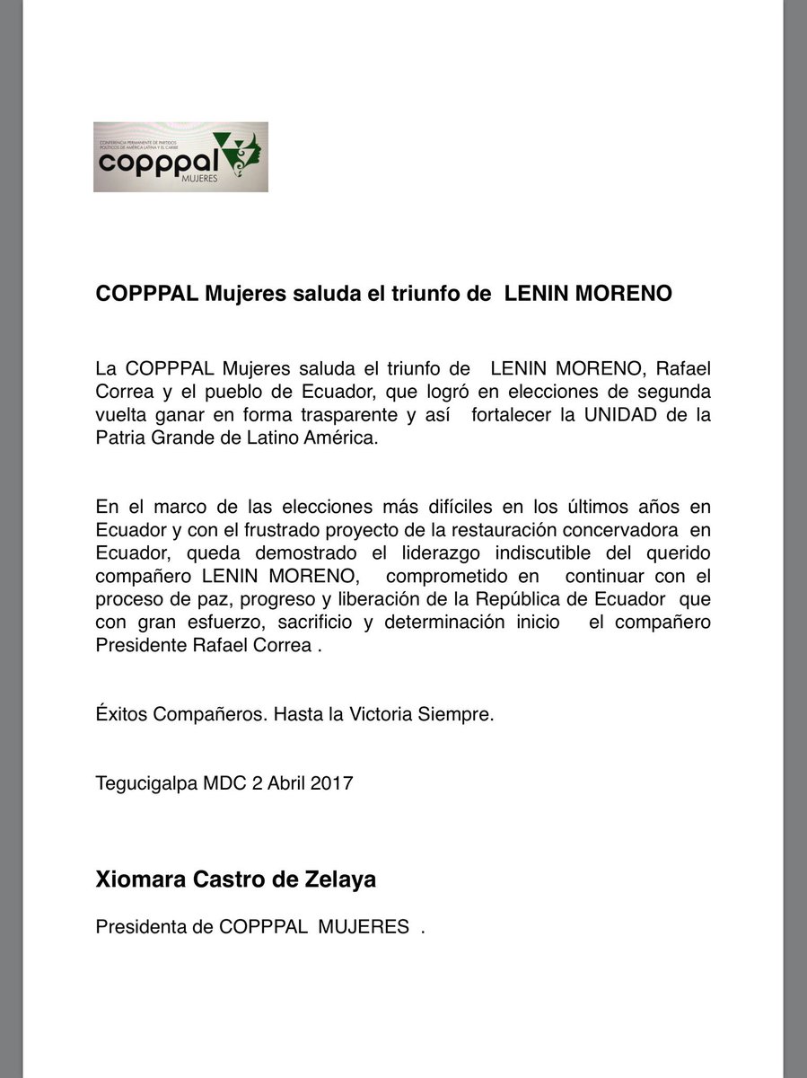 XiomaraCastroZ's tweet photo. Copppal Mujeres saluda el triunfo de Lenin Moreno! https://t.co/LJ9DMg96VX