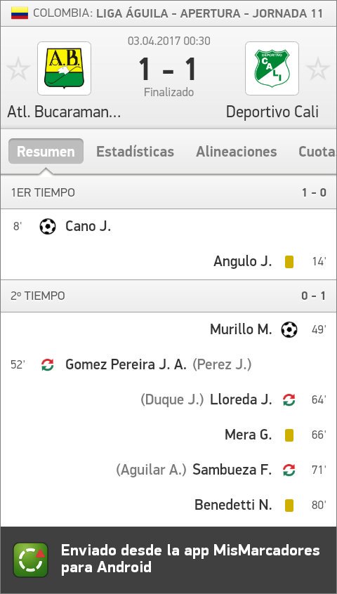 Mismarcadoress's tweet photo. Atl. Bucaramanga - Deportivo Cali 1:1  
#LigaAguila #AtleticoBucaramanga #DeportivoCali
Más información: https://t.co/HplhtAqtWO https://t.co/bssaMCHSjk