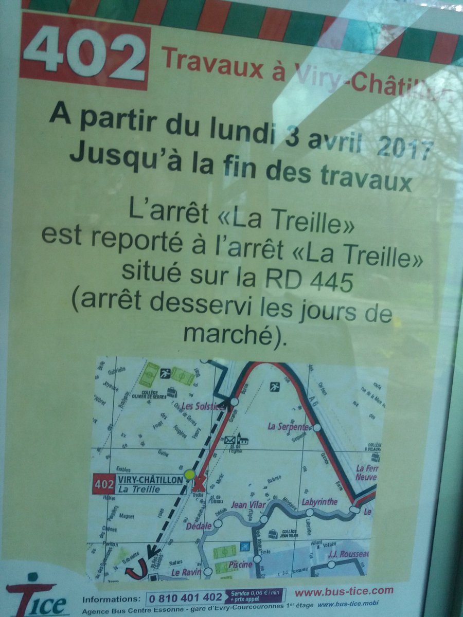 En raison de travaux à @Viry_Chatillon l'arrêt La Treille de la ligne 402 TICE est reporté à l'arrêt La Treille sur la RD 445 #qml