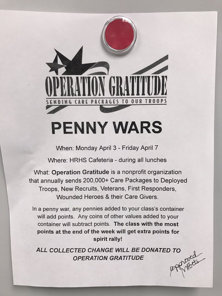 hrhsclassof2017's tweet photo. Penny Wars start today during lunch! Put pennies in the senior jar and other coins in the other grades' jars. #operationgratitude https://t.co/JJL0Bdps9G
