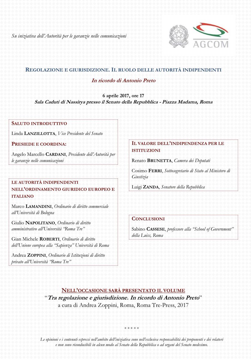 #SaveTheDate «REGOLAZIONE E GIURISDIZIONE. IL RUOLO DELLE AUTORITÀ INDIPENDENTI» In ricordo di Antonio Preto <a href="/SenatoStampa/">Senato Repubblica</a> #agcom