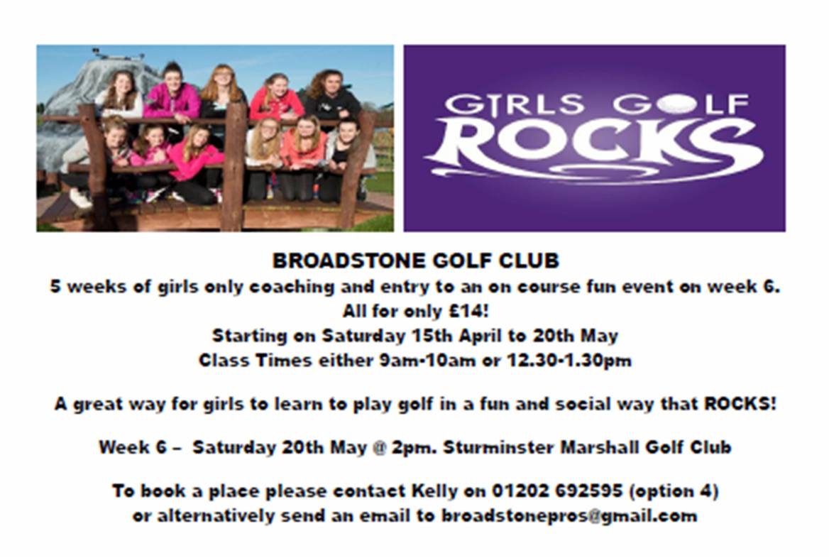 Girls - Book now 5 lessons &amp; fun competition only £14 starts 15 Apr <a href="/girlsgolfrocks1/">Girls Golf Rocks</a> <a href="/Dorset_golf/">Dorset Golf</a> <a href="/Getintogolf/">Get Into Golf</a> <a href="/broadstonegc/">Broadstone Golf Club</a> @active_dorset