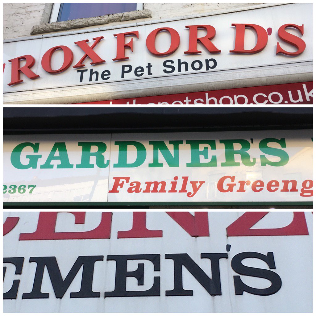 Anth0ny_Ward's tweet photo. Some shop signs on Gloucester Road, Bristol that have been amended by the 'grammar vigilante' or 'apostrophiser'. https://t.co/NRwDpHwSmb