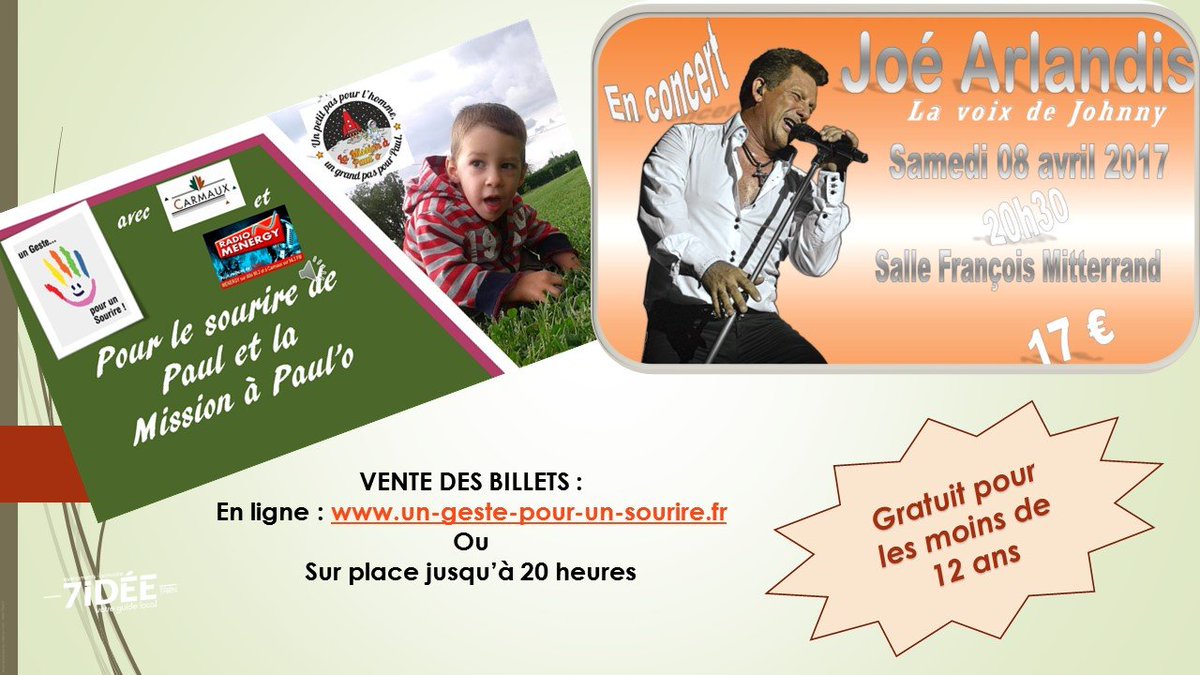 7idee's tweet image. Une bonne action pour aider PAUL au concert de Joe Arlandis !
#Tarn #Carmaux #Soutien #Concert
7ix.fr/owvup