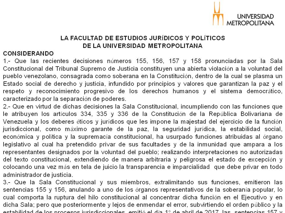 bscharifker's tweet photo. Pronunciamiento de la Facultad de Estudios Jurídicos y Políticos de la @Unimet frente a la violación de la Constitución por parte del TSJ https://t.co/zZG4l5NO8b