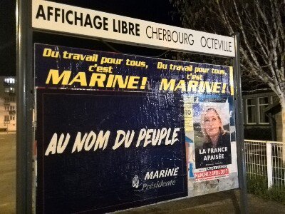FN_Cherbourg's tweet photo. Cette nuit nous avons collé pour #MarinePresidente sur #Cherbourg et #Tourlaville 
#Presidentielle2017 https://t.co/5zgW9oyTHd