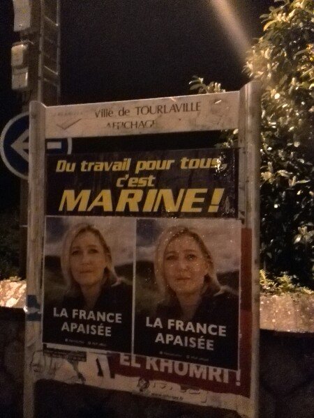 FN_Cherbourg's tweet photo. Cette nuit nous avons collé pour #MarinePresidente sur #Cherbourg et #Tourlaville 
#Presidentielle2017 https://t.co/5zgW9oyTHd