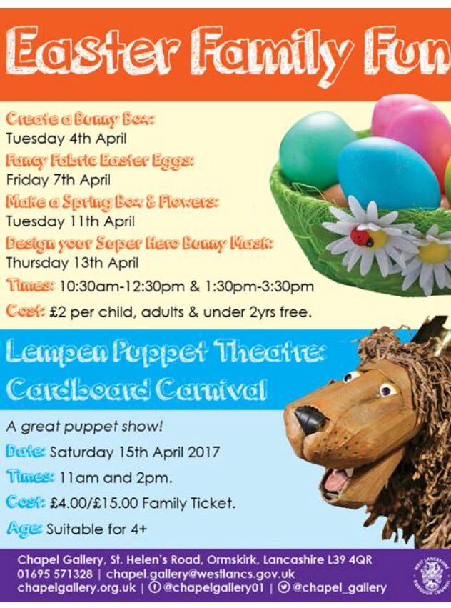 Plenty to do over the #easter #holidays @Chapel_Gallery #art #activities #puppets #Ormskirk