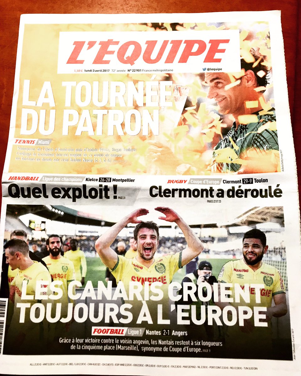 FCNantes's tweet photo. Les Jaune et Vert en Une régionale de @lequipe ! Mais comme dit @CoachConceicao, chaque chose en son temps 😉 https://t.co/A4WdImeRfL