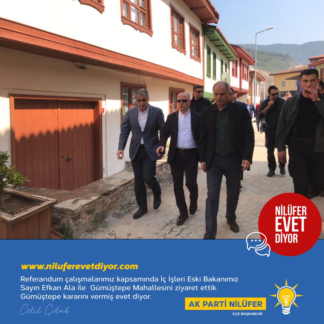 niluferevet's tweet photo. Referandum çalışmalarımız kapsamında İç İşleri Eski Bakanımız Sayın Efkan Ala ile  Gümüştepe Mahallesini ziyaret ettik. #nilüferevetdiyor https://t.co/jx4DZHc7TF