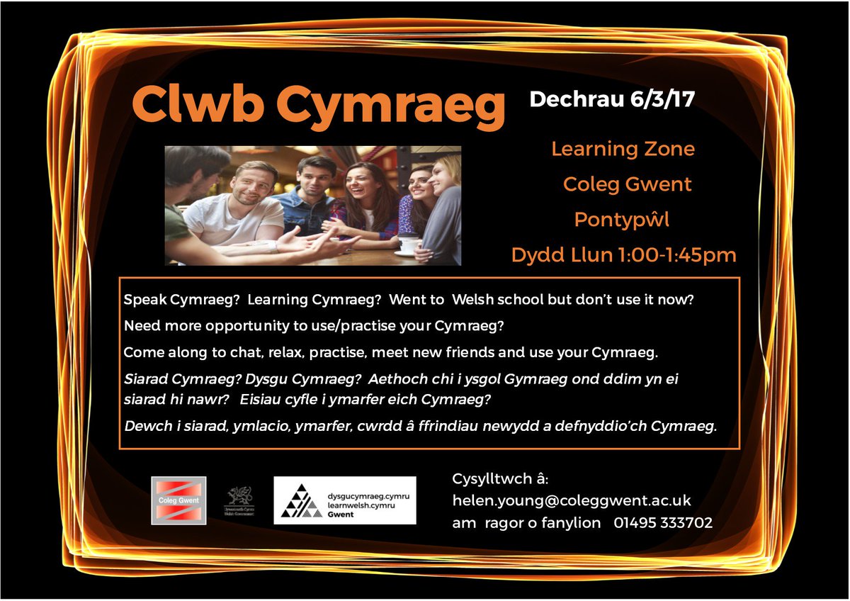 Clwb Cymraeg - am un o'r gloch heddiw. Dewch i ymarfer eich Cymraeg :) 
Croeso i bawb. <a href="/learncymraegGWE/">Learn Welsh Gwent</a> <a href="/Cymraeg_Cymuned/">Sarah Meek</a> <a href="/WelshTeuluGwent/">Cymraeg i'r Teulu</a>