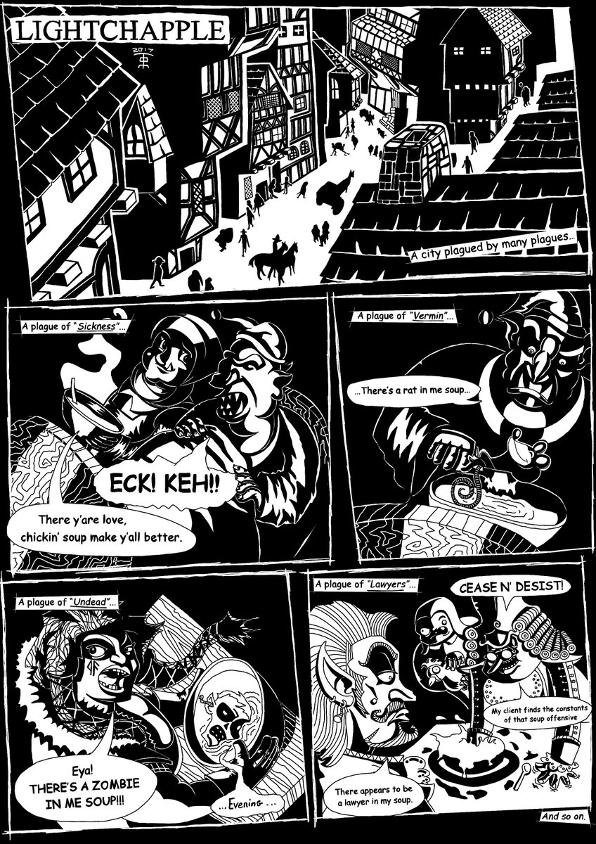 mcfadface's tweet photo. Oh look! I made a Web-Comic! Enjoy who ever cares ;) #webcomic #DnD #Creative #creativity #NOIR #BlackNWhite #fantasy #soup #plague https://t.co/EhSMuX52Vw
