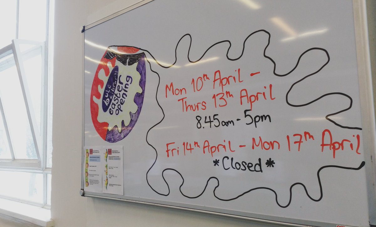 ButeLibrary's tweet photo. Reduced hours for the Easter break begin next week (Bute Library endorses all varieties of seasonal confectionery) #librarywhiteboard https://t.co/G3RWL7Ri4D