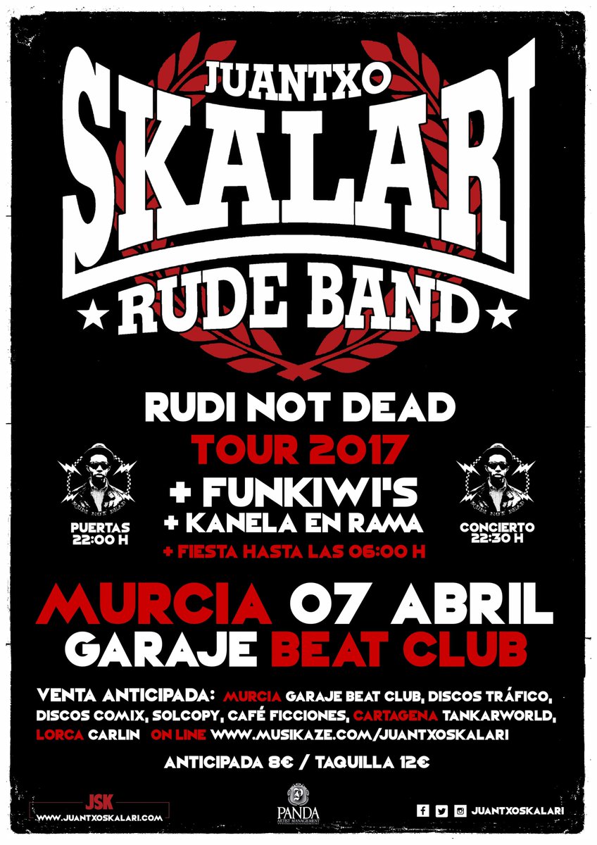 JuantxoSkalari's tweet photo. Prox viernes 7abr Murcia @garajebeat TRIPLE CONCIERTO+FIESTA HASTA 06:00+ #skalari HITS+ #rudintdead + #sarreraVIII + #londonstudiosession https://t.co/0Ddfuqipvv