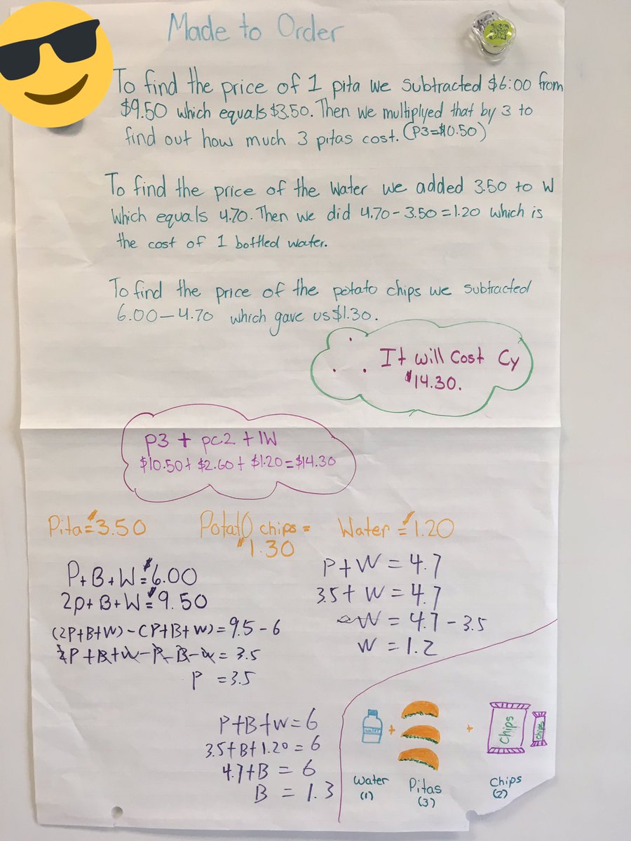 MissWood15's tweet photo. Using a three part math lesson to teach algebra. 3 different strategies used to get the same solution! #ampsmath #NipissingU @AmandaODTeach https://t.co/56djDirxes