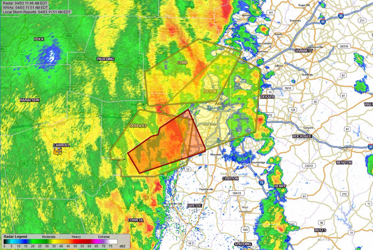 GTPDalerts's tweet photo. Current radar with warnings.  The bowed segment is the concerning thunderstorm for campus.  Might good time to hang out inside for a bit. https://t.co/L4G7Zv6wdO