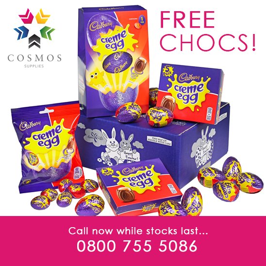 We have an Easter #EGGstravaganza here at Cosmos this month.  ANY order get's you a Cadbury Egg Hamper!! Hurry, while stocks last.
