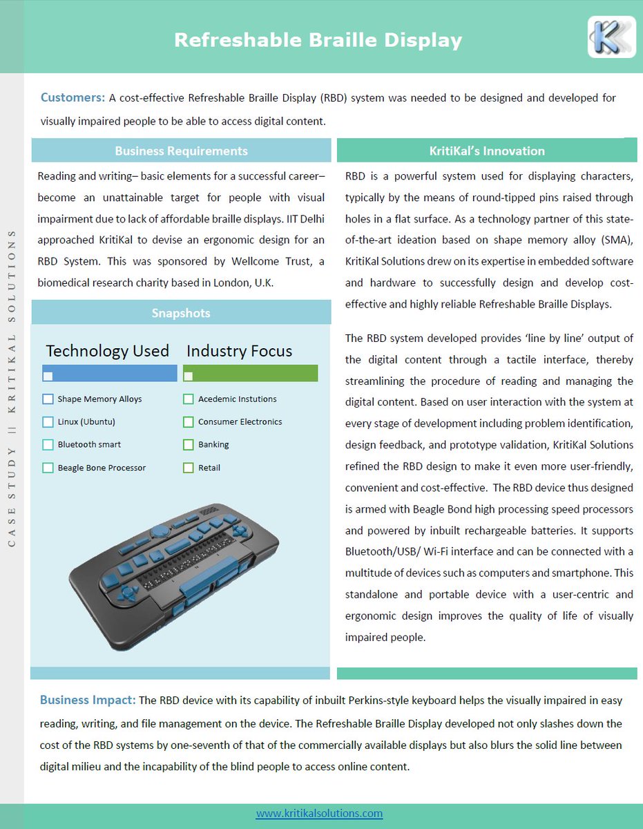 KritikalTalk's tweet photo. Our latest case study on #RefreshableBrailleDisplay that reduces the cost of such devices by 1/7th! #VisualImpairment #Embedded #Assistech https://t.co/ED87cdGq9T