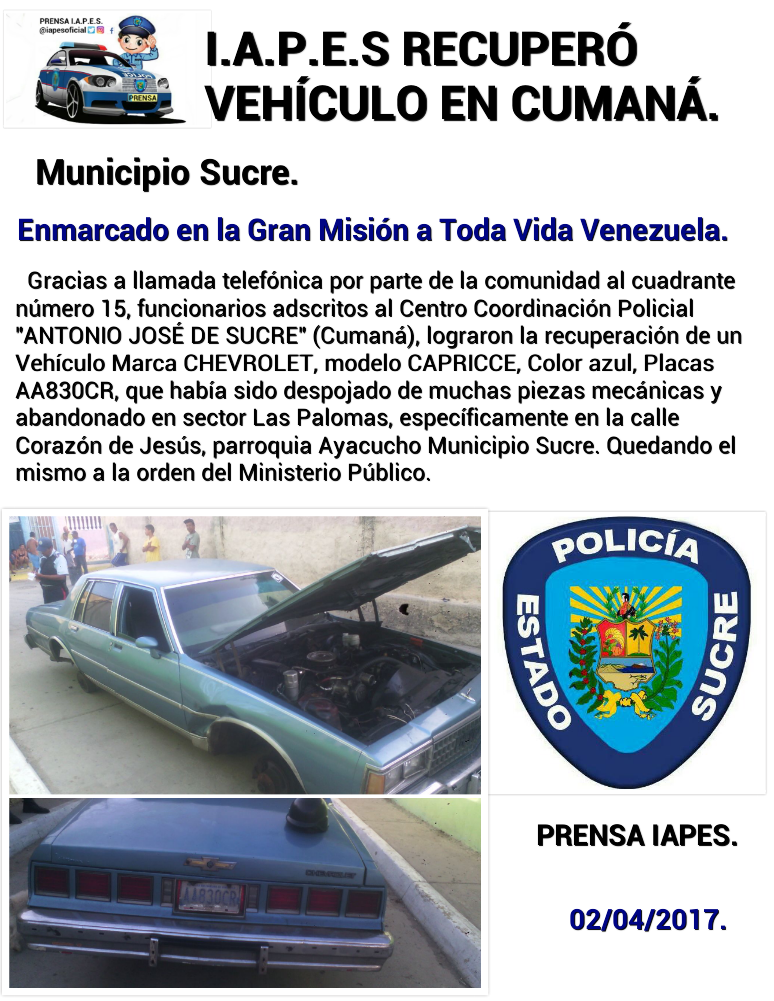 IapesOficial's tweet photo. Recuperado vehículo en #Cumaná por comisión del #IAPES. #TuSeguridadEsPrimero. https://t.co/cElEdZVlSV