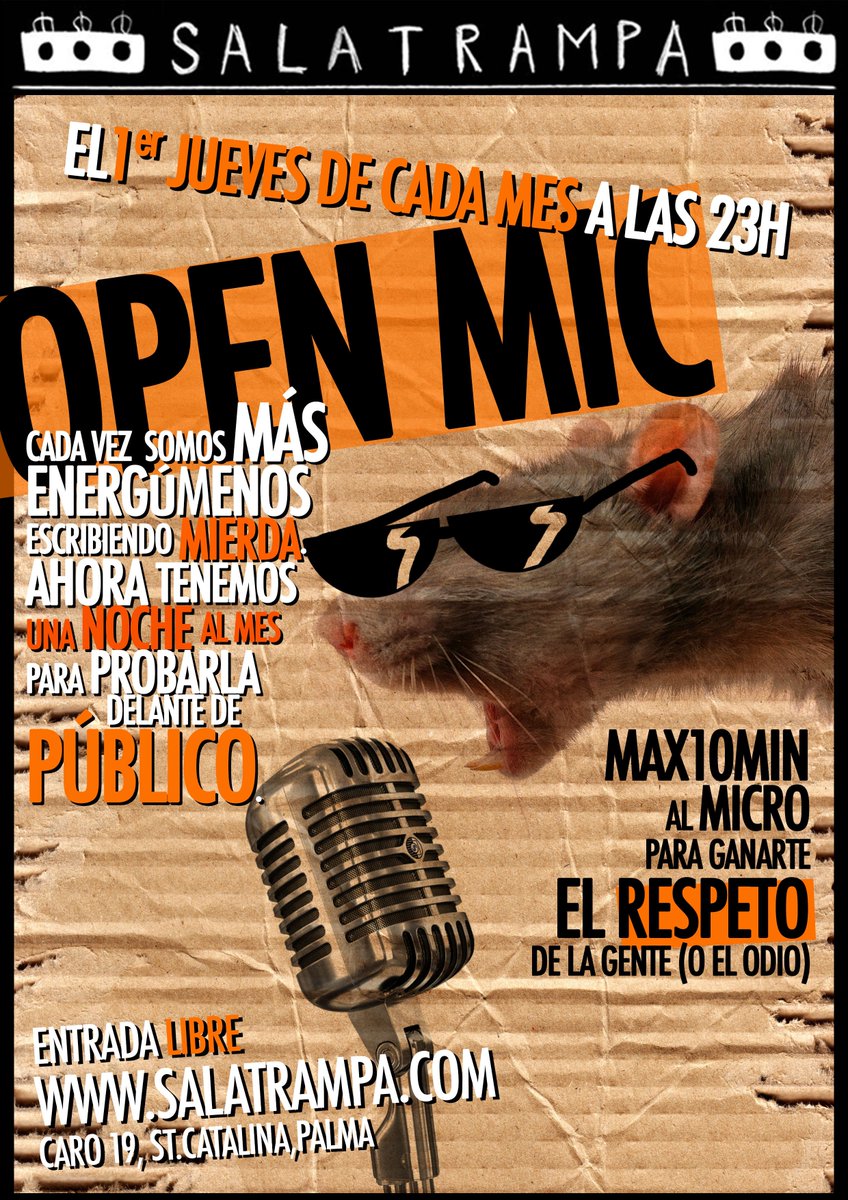 Este jueves a las 21:00 #OpenMic en <a href="/SalaTrampa/">Sala Trampa</a> Diez minutos para ganarte el respeto (o el odio) del Publico. ENTRADA LIBRE