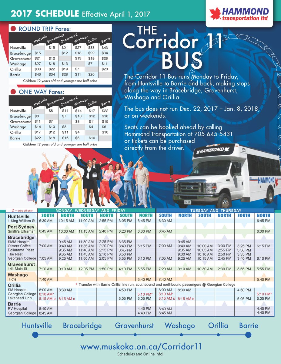 #Corridor11Bus new schedule in effect. Now stops in Port Sydney. Runs M-F, Huntsville-Barrie. Schedule: ow.ly/AhFb309E3ln
