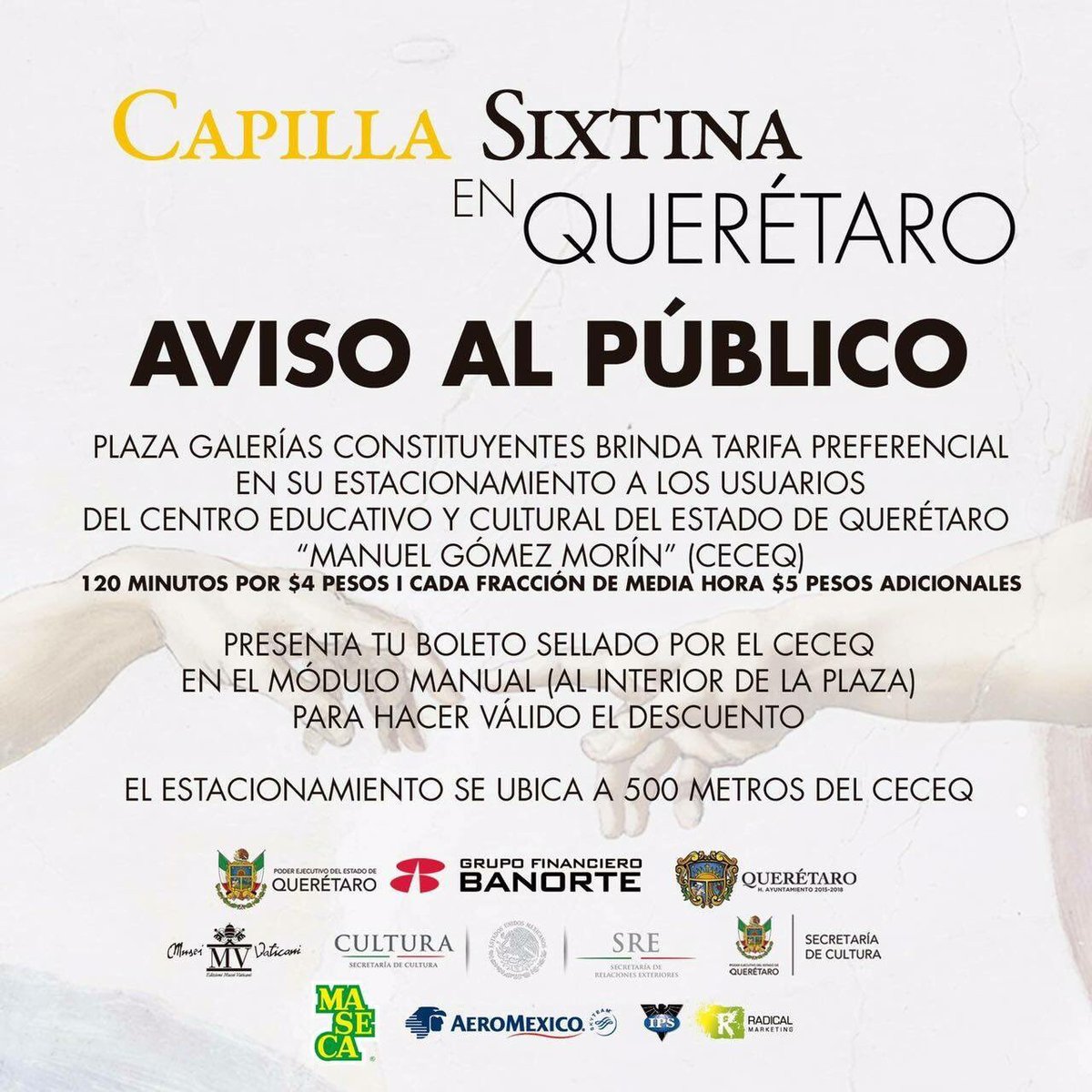 MarcosAguilar's tweet photo. A todos aquellos que visitan la Capilla Sixtina en Querétaro, les comento que se podrán estacionar en Plaza Galerías Constituyentes. https://t.co/EQRw0p7s9k