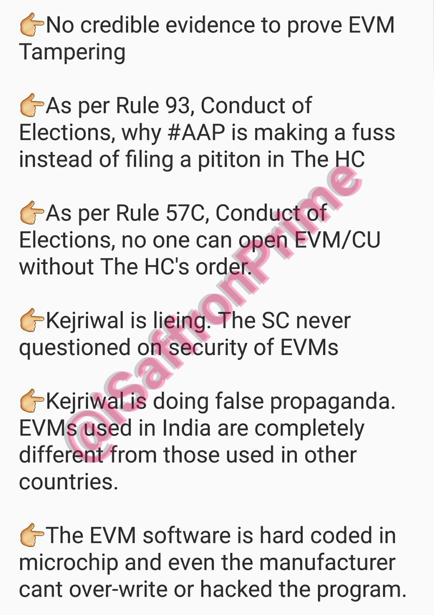 SaffronPrime1's tweet photo. Agree, then RT:

👉Plz read facts on EVM saga. 

Only conclusion: Kejriwal doing false propaganda to save his skin✔

#दिल्ली_मांगे_कमल_निशान https://t.co/v8fWKu3IvN