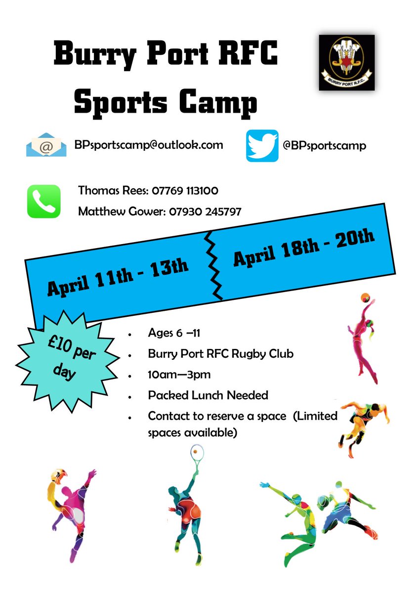 BPsportscamp's tweet photo. Just over a week to go! Spaces still available ⚽️🏀🏉🎾🏸🏏🥊@bprfctheblacks @BPRFCYOUTH @burryportladies https://t.co/V5KXtKvDhh