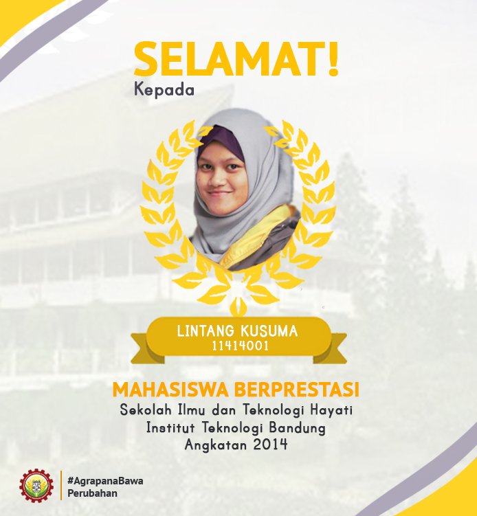 [Agrapana Berprestasi]

Selamat atas terpilihnya
Lintang Kusuma P. (11414001) sebagai Mahasiswa Berprestasi SITH ITB Angkatan 2014.