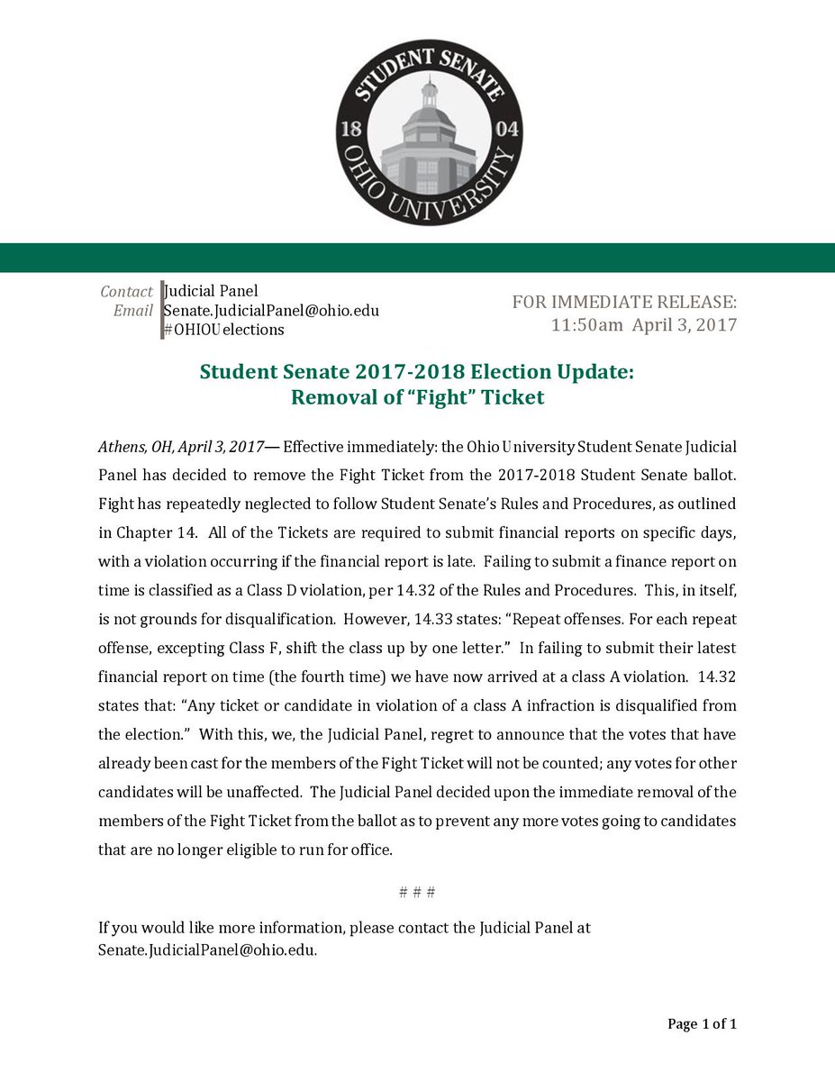 ELECTION UPDATE: The Fight ticket has been disqualified due to neglecting to follow Student Senate Rules and Procedures. #ohiouelections