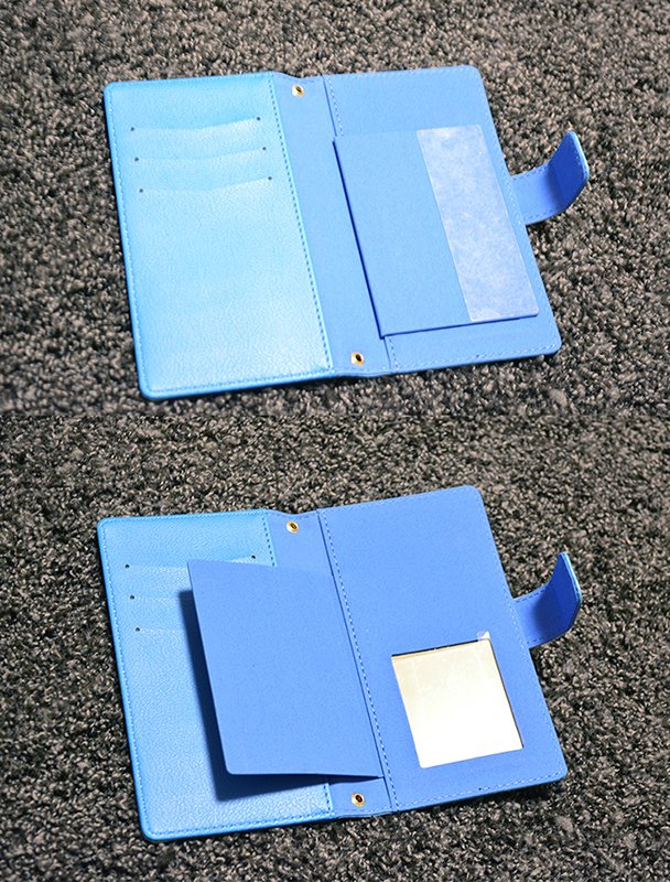 USAGI_TEIKOKU's tweet image. スマホカバーの内側はこんな感じです！右側の吸着面にスマホを貼り付ける仕様で、カードポケット、小型ミラー付き、カメラは写真のようにスマホを立てて使えます！明日から実際に使用感を確かめてみようと思いますので、街でこのケースを持っている人を見かけたら、遠くからそっと見守ってください！