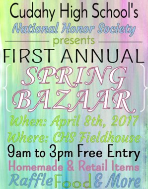 Cudahy_Schools's tweet photo. This Saturday, from 9:00am - 3:00pm, the CHS National Honor Society Spring Bazaar will be held in the Cudahy High School Field House. https://t.co/xpuagZROrQ
