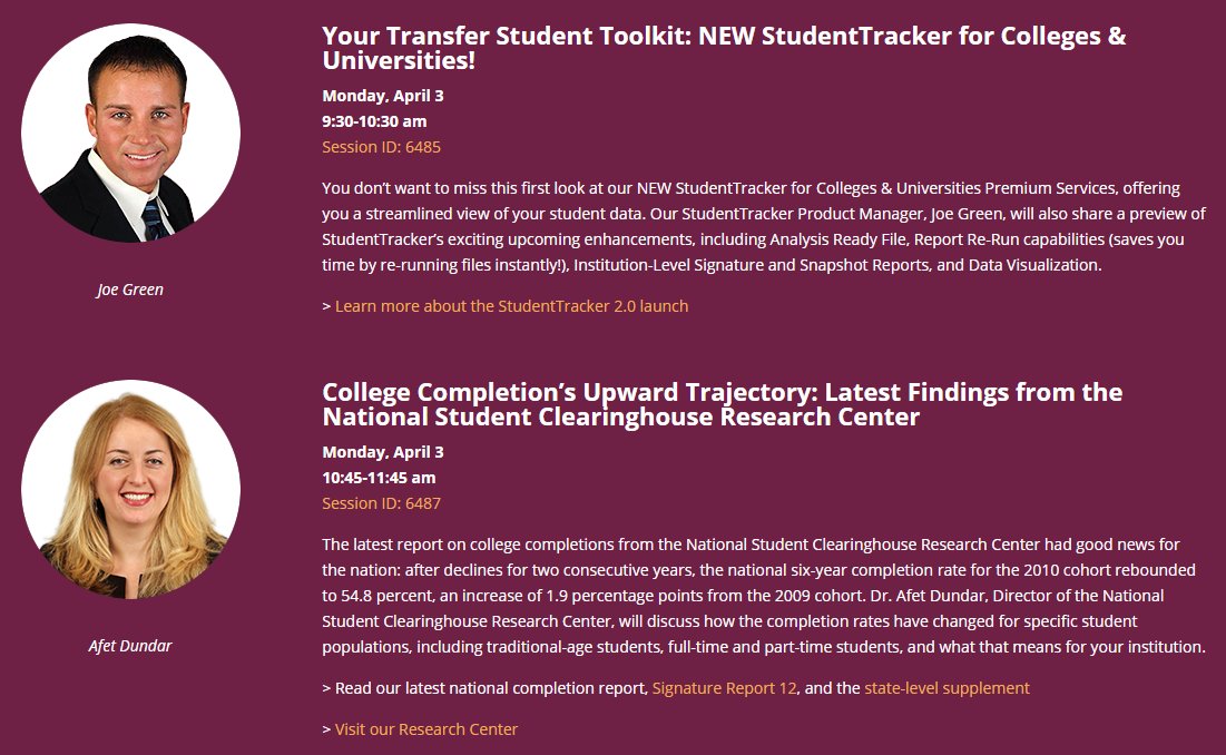 NSClearinghouse's tweet photo. Today at #AACRAO17: Our experts talk new #StudentTracker features & latest college completion data: https://t.co/bzGeA0UIee #highered https://t.co/Xhxb4jZWHQ