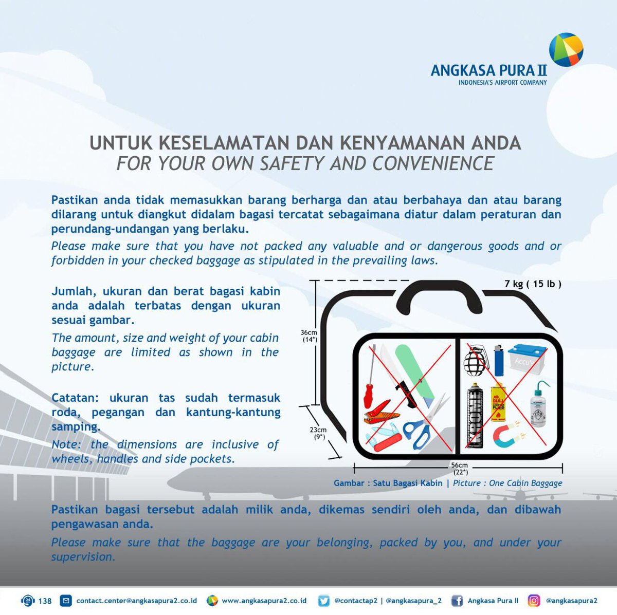 INJairports's tweet photo. Pastikan anda tdk memasukan barang berharga/barang berbahaya/dilarang ke dlm bagasi anda, pastikan bagasi milik anda dan dikemas oleh anda. https://t.co/rfpEhhqjOo