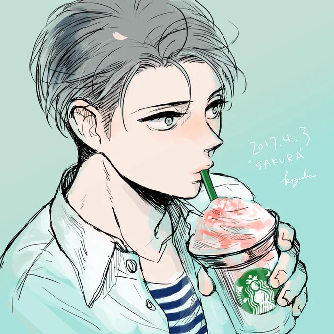 #リヴァイ版深夜の真剣お絵描き60分1本勝負 
お題「桜」
さくらフラペチーノ、今年も飲み損ねたー 
