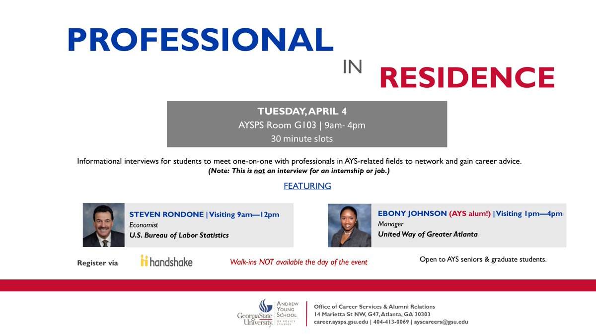 AYSCareers's tweet photo. Tomorrow's our last #ProfessionalinResidence w Ebony Johnson @unitedwayatl &amp; Steven Rondone of @BLS_gov! Register at https://t.co/ZhZ4QBVUph https://t.co/N9jTstNRZ2