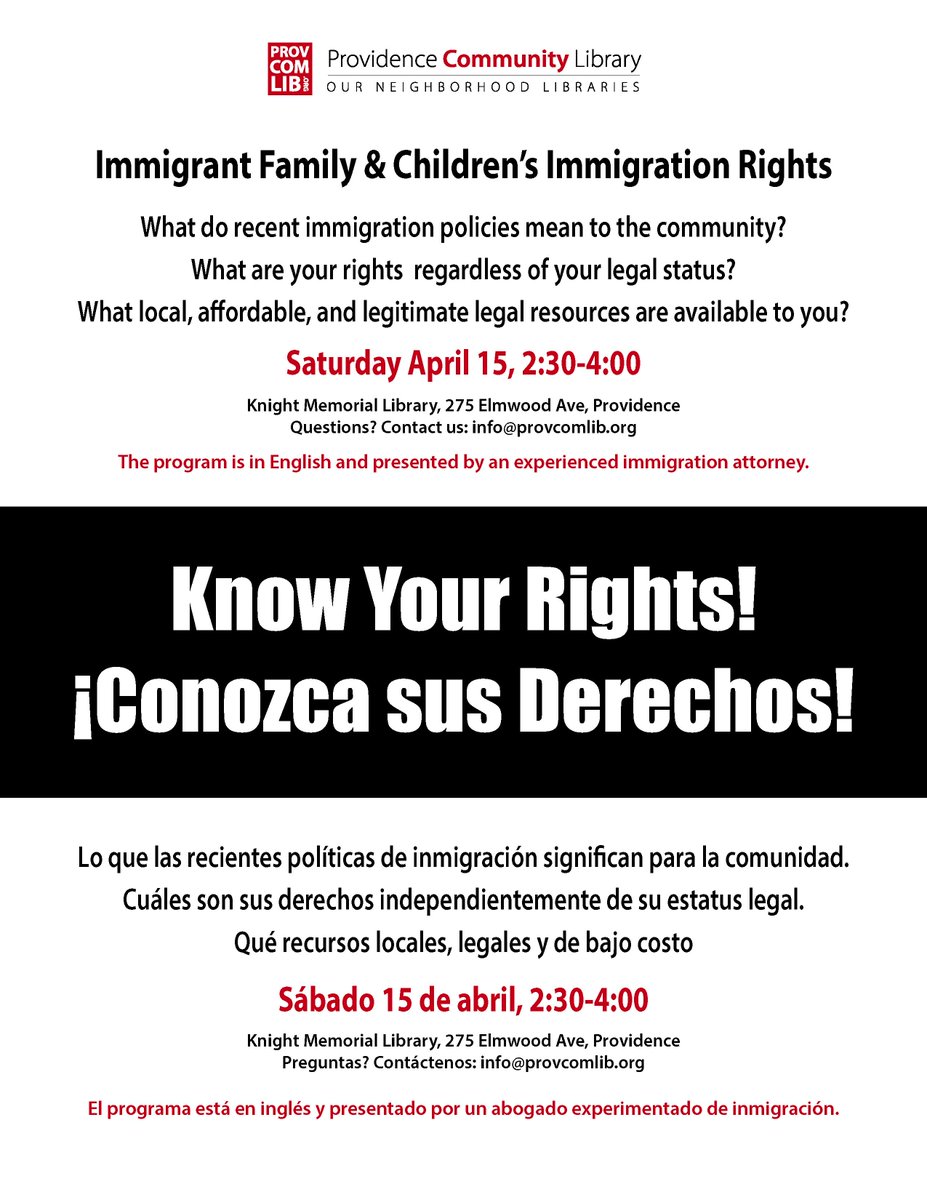 Know your Rights! Immigration Policy Workshop at Knight on April 15th. Conozca sus Derechos!