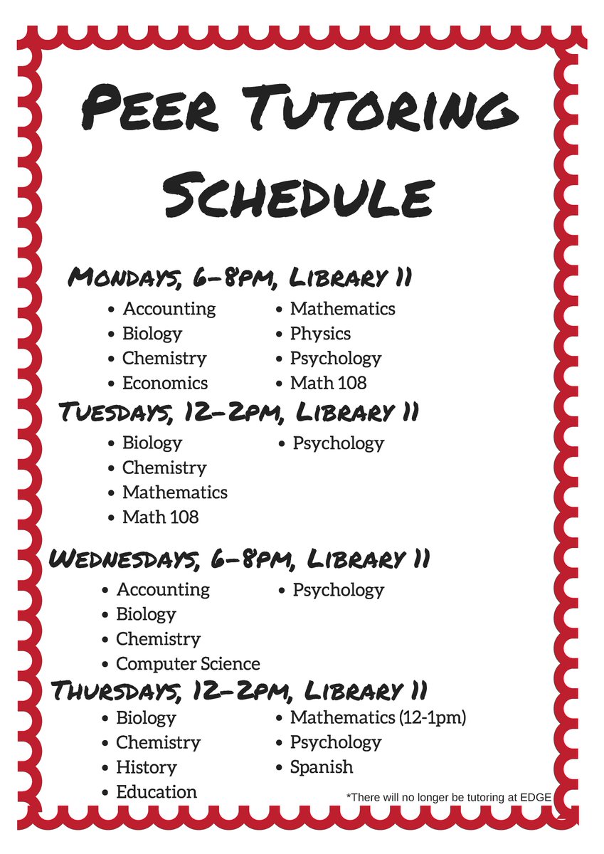 NCCStudSuccess's tweet photo. Hey NCC! Take a look at the new tutoring schedule for spring 17. Tutoring takes place M&amp;W 6-8pm in Library 11 and T&amp;TH 12-2pm in Lib. 11 https://t.co/GP9JD9iux8