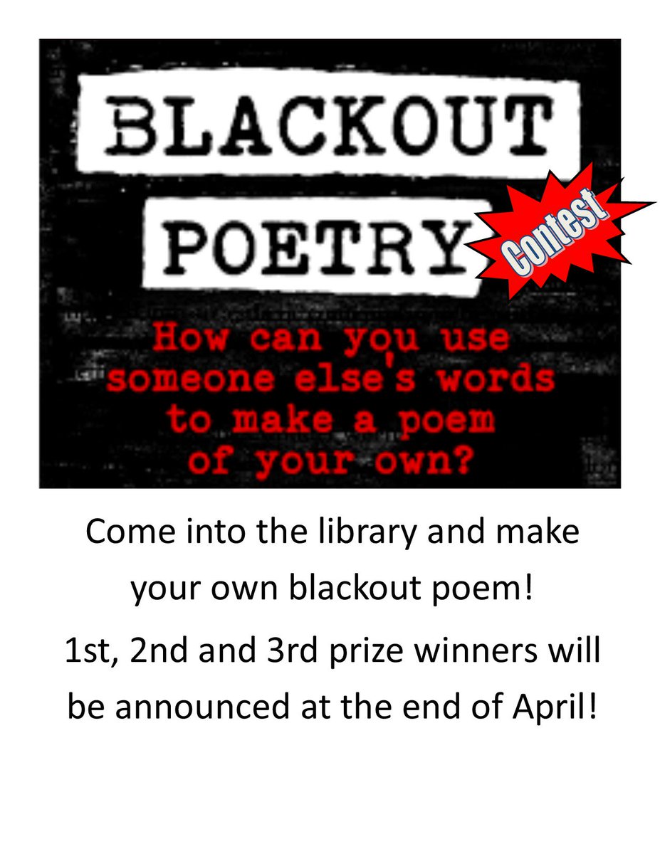 WNGALibrary's tweet photo. April is here which means it's National Poetry Month! Come into the library and join in on our blackout poetry contest! https://t.co/DPZ4BjzSMK
