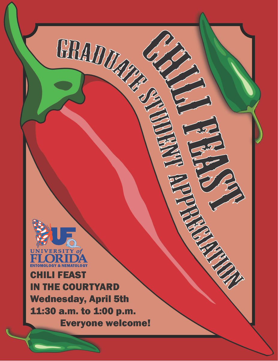 UFEntNem's tweet photo. Chili Feast on Wednesday, April 5th, from 11:30-1:00 in the Steinmetz Hall courtyard to mark Graduate Student Celebration Week. #UFBugs https://t.co/efPd5kFjqs
