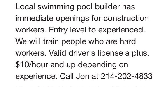 zsasmom's tweet photo. We are hiring! #dallasjob #workersneeded #constructionworkers #job #masonry job #swimmingpoolconstruction https://t.co/JS2V98UfLR