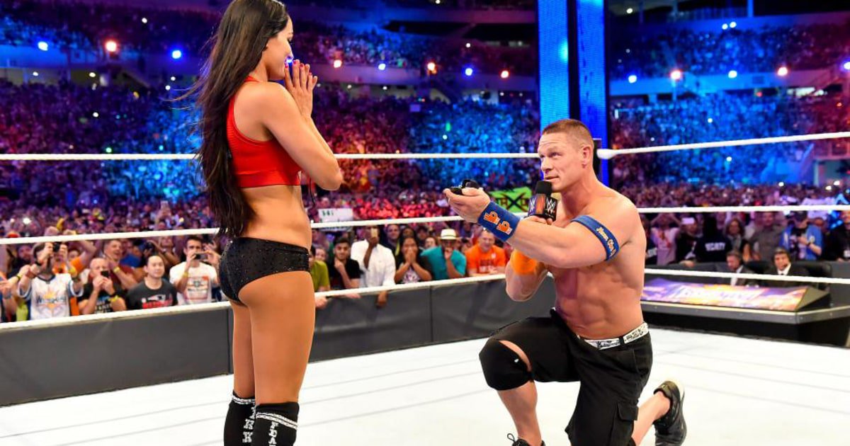 RollingStone's tweet photo. See John Cena Propose to Nikki Bella at #WrestleMania33 https://t.co/qMLE8ZSdz9 https://t.co/GwlmzFkaaV