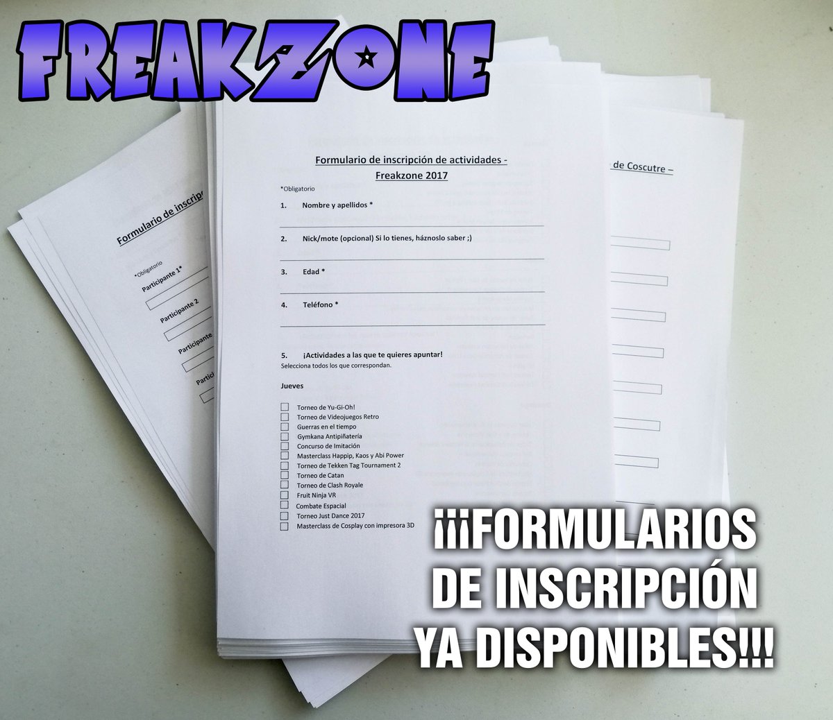 Freakzone2017's tweet photo. ¡¡¡ LOS FORMULARIOS DE INSCRIPCIÓN FÍSICOS DE #FREAKZONE2017 YA DISPONIBLES!!! Encuentralos desde esta tarde en @shinigamicomics :D https://t.co/KU77Ffa0Re