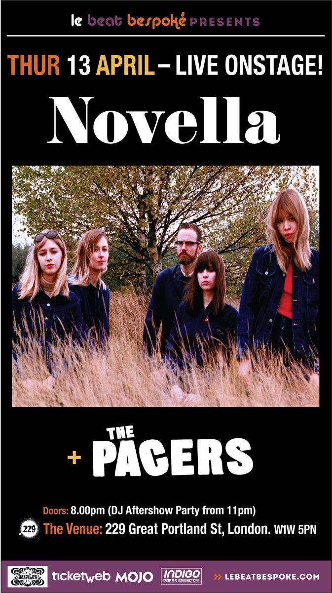 Just announced <a href="/NOVELLA_NOVELLA/">Novella</a> play #London on Thurs 13th April @229thevenue as part of #LBB12
Tickets £7: ticketweb.co.uk/artist/le-beat…
 #indie