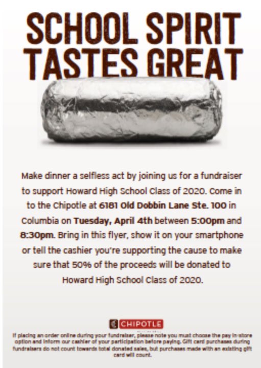 Support the class of 2020 at chipotle tomorrow night 😏😏