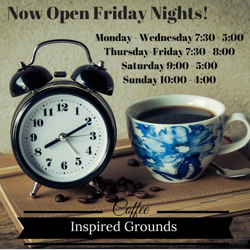 InspiredGrounds's tweet photo. Now open Friday nights! #coffee #inspiredgrounds #wdm #valleyjunction #dsmcoffee #desmoines https://t.co/jnFB9x3qNv
