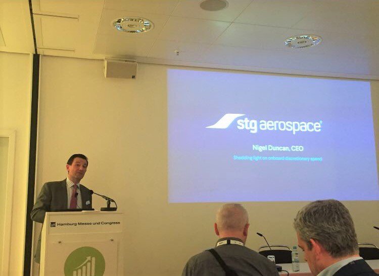 STGAerospace's tweet photo. #STGAerospace CEO speaking @PEC_Hamburg 'Shedding light on onboard discretionary spend' #PEC2017 #AVGeek #AIX17 #Aerospace https://t.co/N6g2VlVzc1