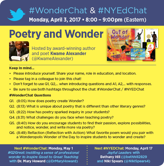 Wonderopolis's tweet photo. Join us TONIGHT at 8pm EST for #NYEDChat #WonderChat with @kwamealexander for #NationalPoetryMonth. #poetry https://t.co/bqVdcMYgvB