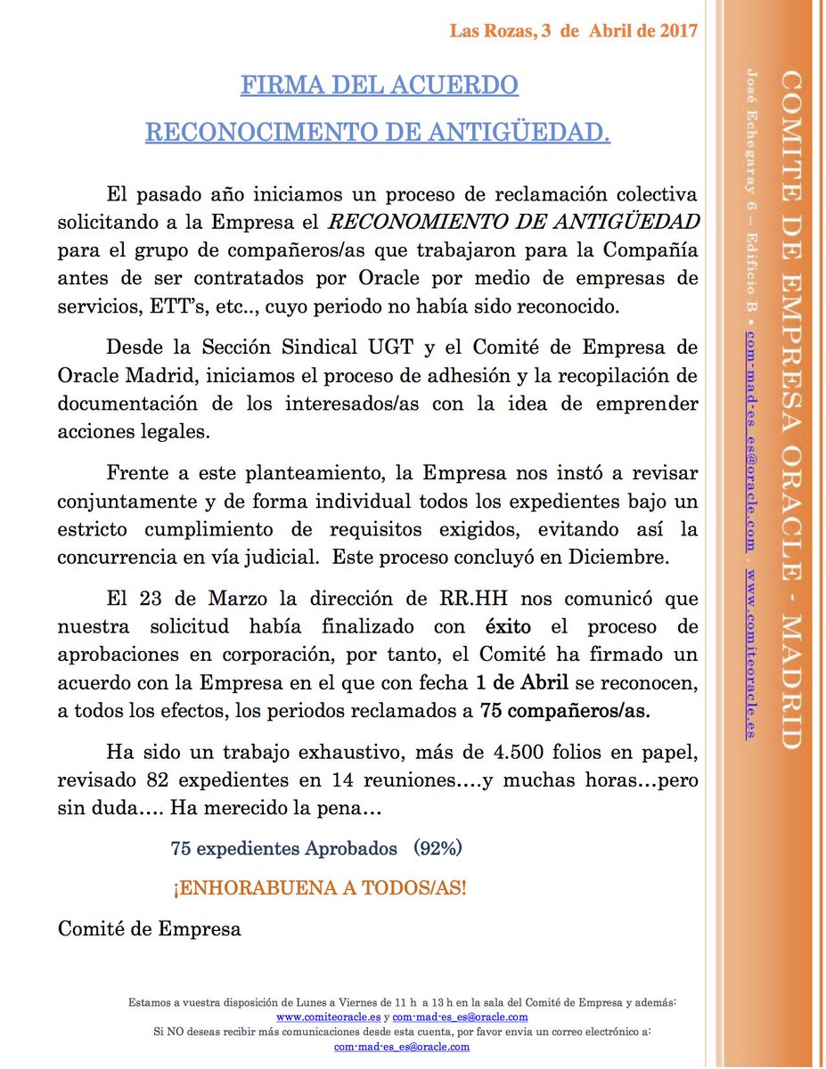 ComiteOracle's tweet image. COMUNICADO: FIRMA DEL ACUERDO RECONOCIMENTO DE ANTIGÜEDAD. #comiteoracle